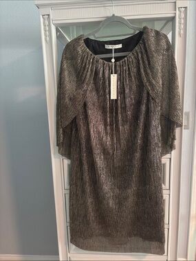 Trina Turk Shimmery Gunmetal Mini Dress with Cape Sleeves